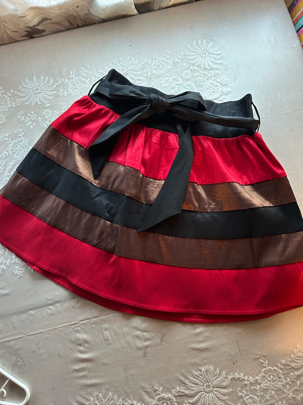 Michele Red Striped Mini Skirt with Black Bow